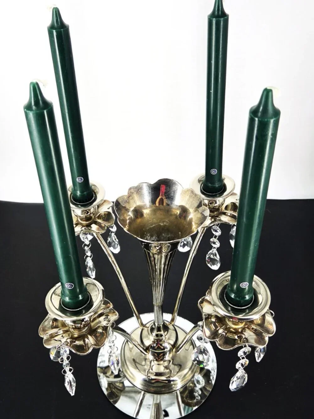 70s Silverplate Epergne 4 Arm Candelabra Trumpet Vase Crystals Japan Silversmith